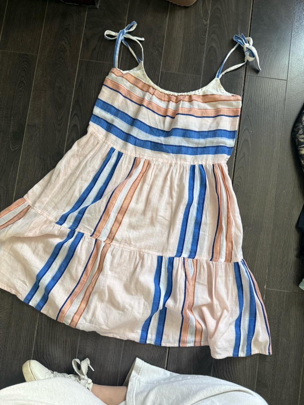 Lemlem Blue & Peach Striped Tie-Shoulder Sundress XS